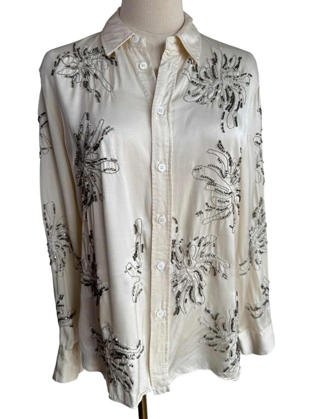 Zara Satin Beaded Button Up Blouse Womens S Cream Ivory Cocktail Party Event EUC